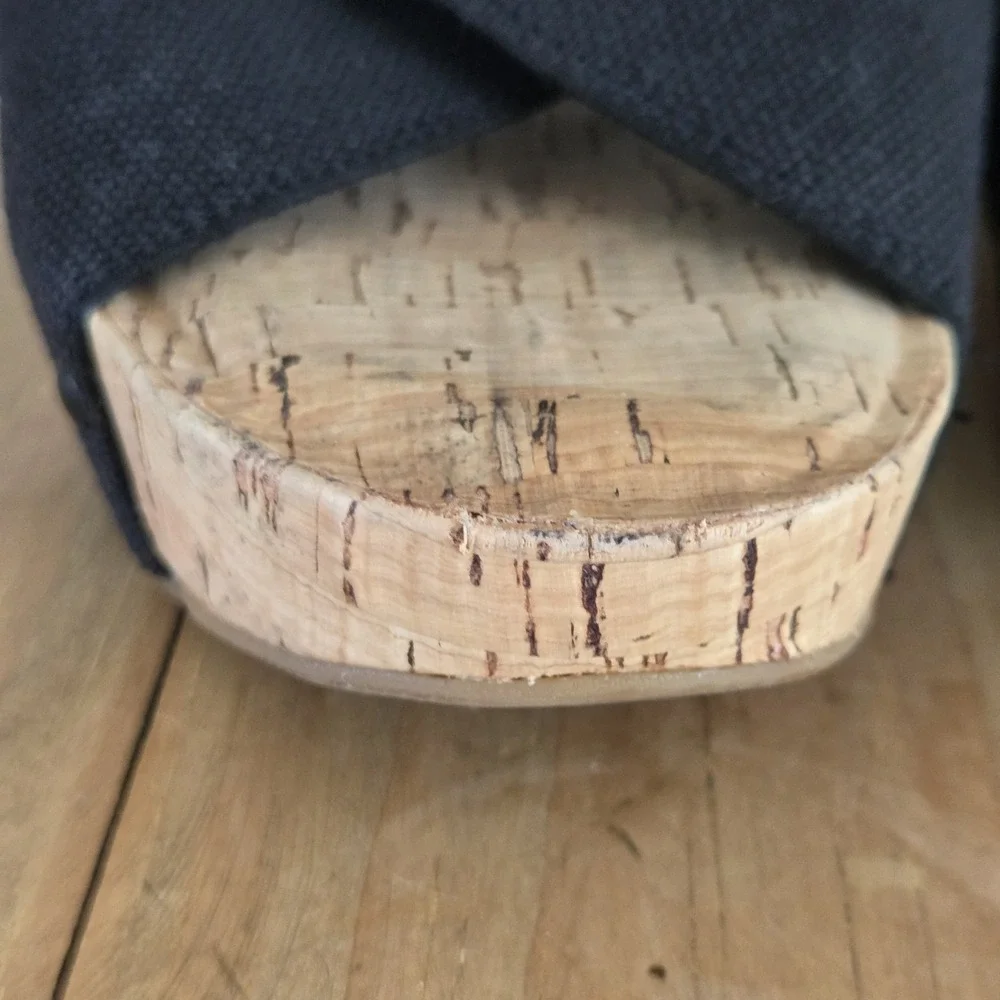 Lucky Brand Valmai Platform Wedge Cork Sandal Black Linen Thick Strap Sz‎ 8.5